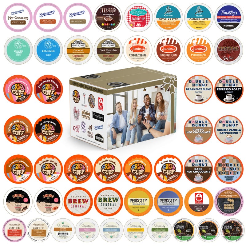 Crazy Cups Custom Variety Pack Coffee, Tea, and Hot Chocolate Holiday Winter Sampler - Single Serve Pods for Keurig K-Cup Machines, 50 Assorted Flavors Party Mix(Pack of 1) - Image 1